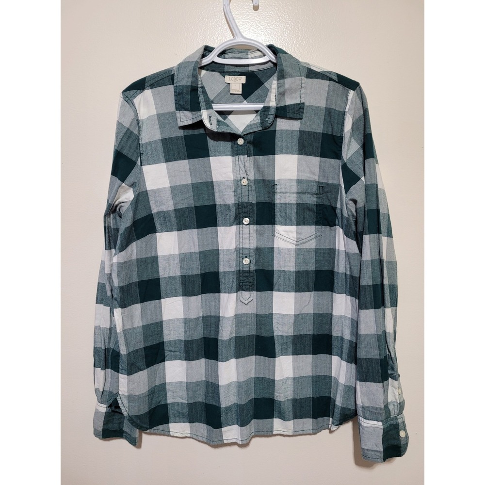 J.Crew Popover Shirt Mens Large Green White‎ Buffalo Check Plaid pattern